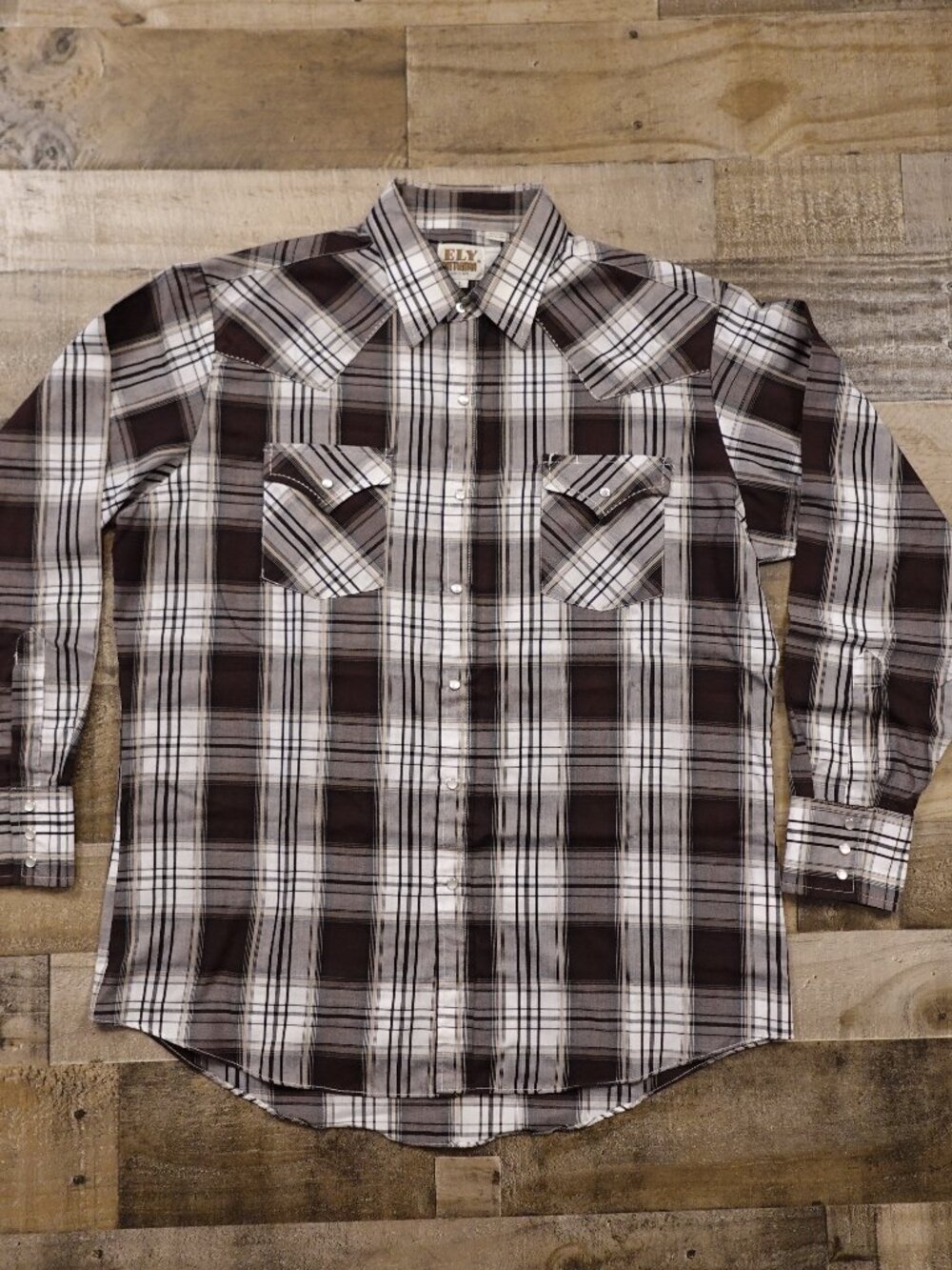 ELY Cattleman Western Pearl Snap Shirt Men’s Large Brown Plaid‎ Cowboy